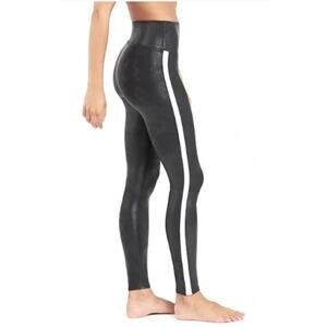 Spanx Faux Leather Side Stripe Leggings Black White High Rise Women's Size M